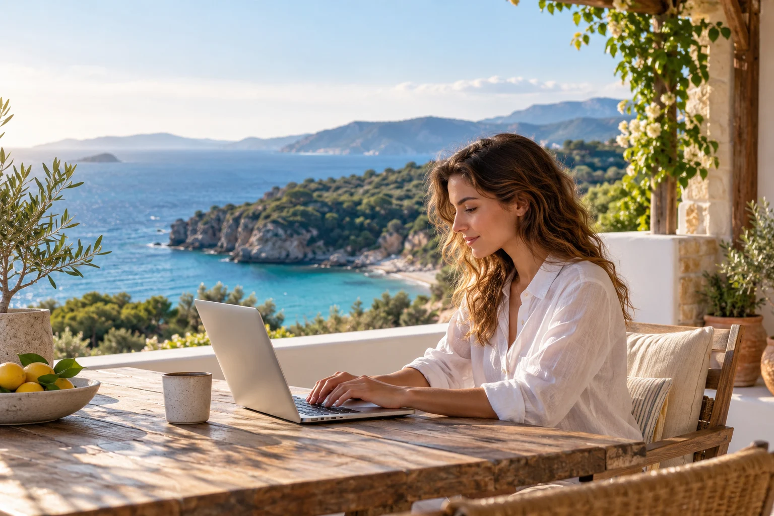 Working on a laptop on a bright terrace overlooking the sea